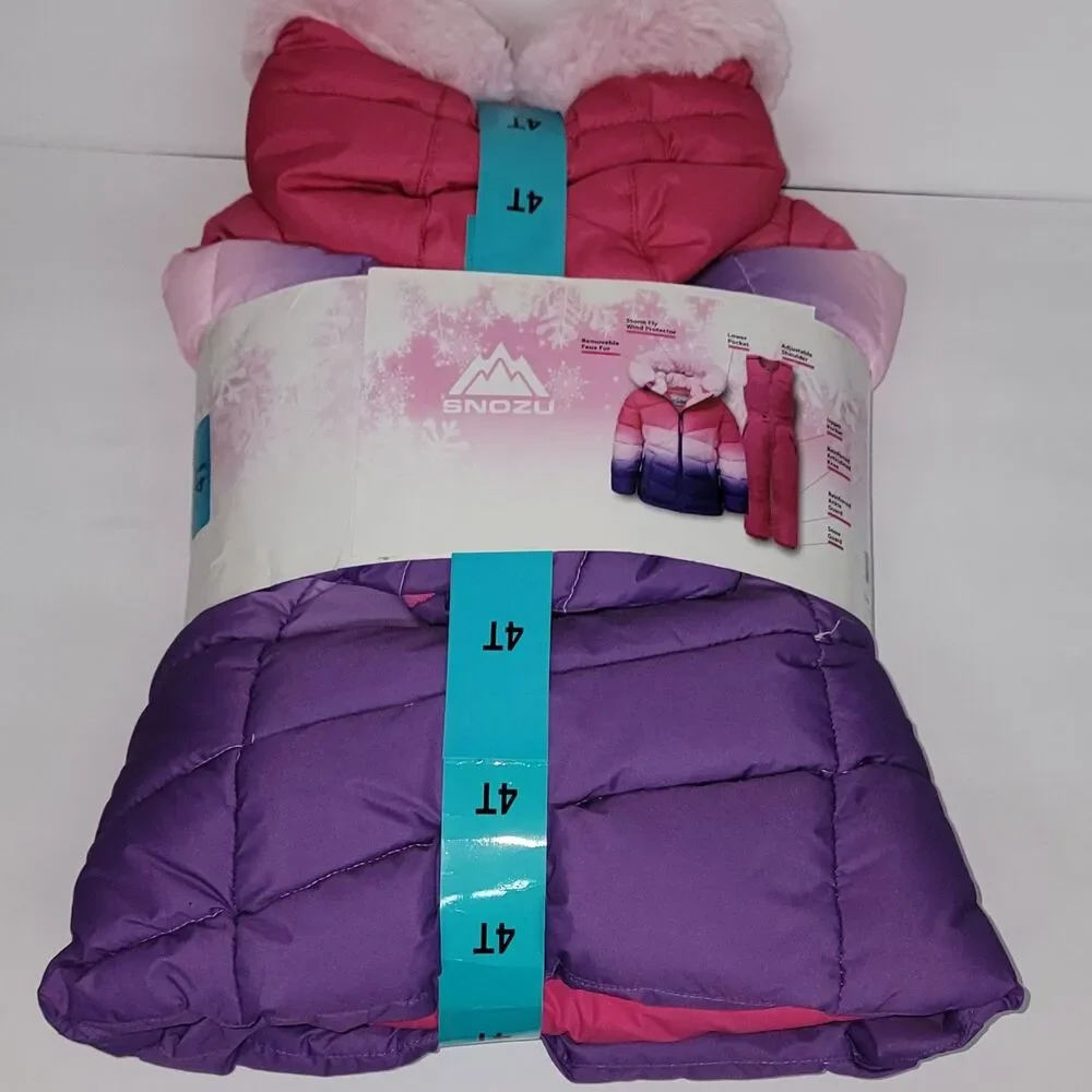 Snozu Girls 4T 2Pc Snowsuit Set Pink Purple Puffer Jacket Hood Fur Trim